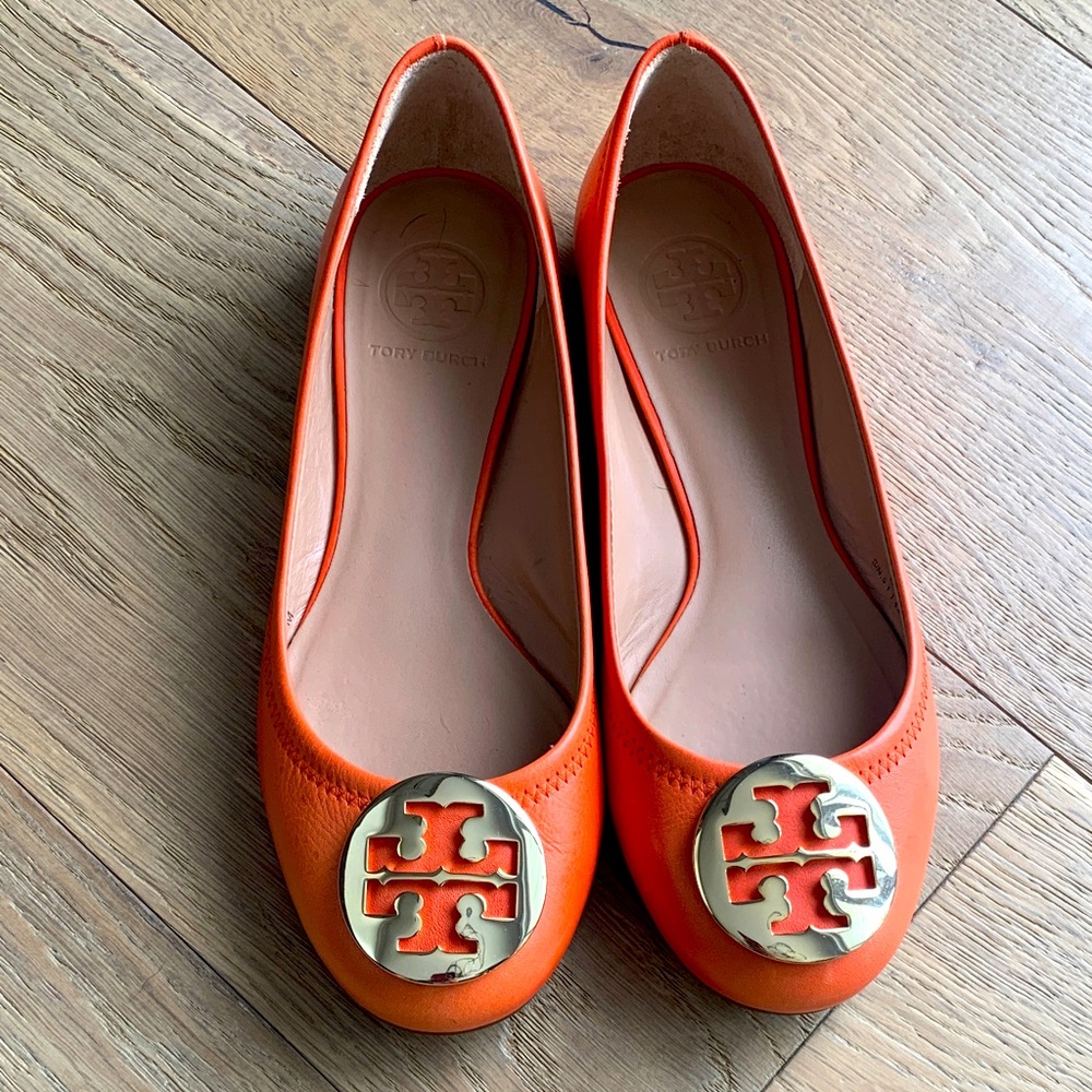 Tory Burch Orange Leather Logo Ballet Flats